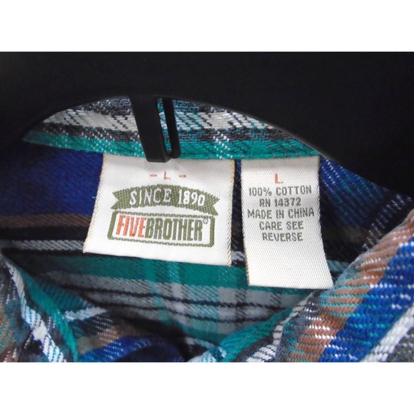 FIVEBROTHER Vintage Mens Size L Heavy Weight Flannel Blue Plaid Long Sleeve - Picture 3 of 9